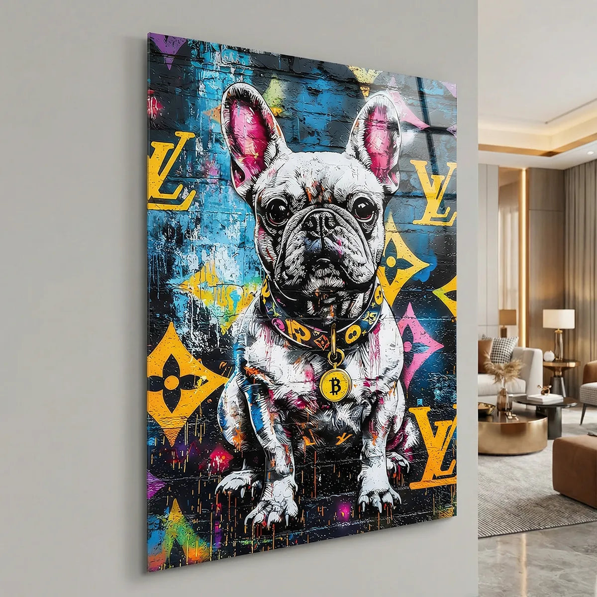 Art mural bouledogue français style pop art urbain pour salon