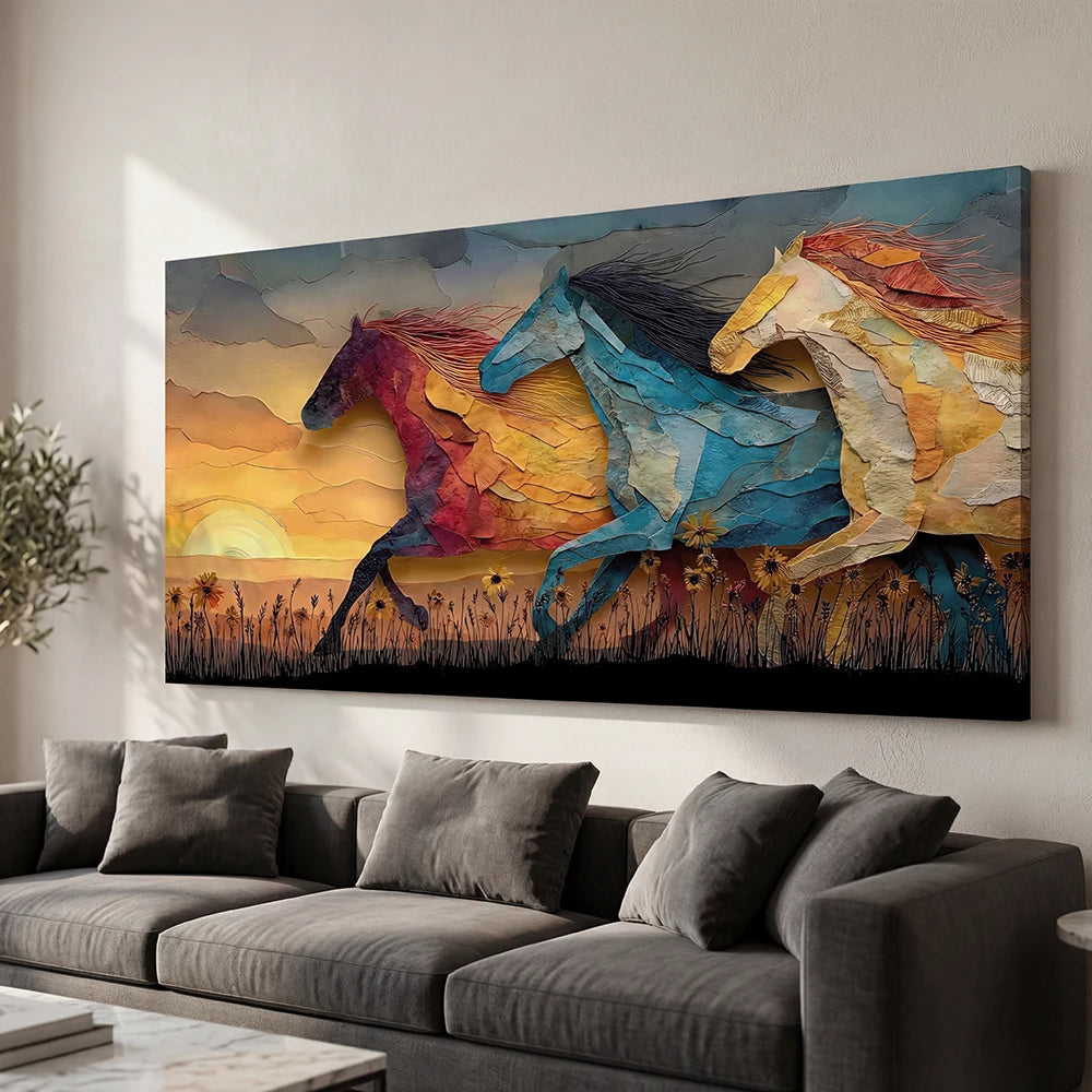 Art mural chevaux au coucher du soleil tableau moderne grand format