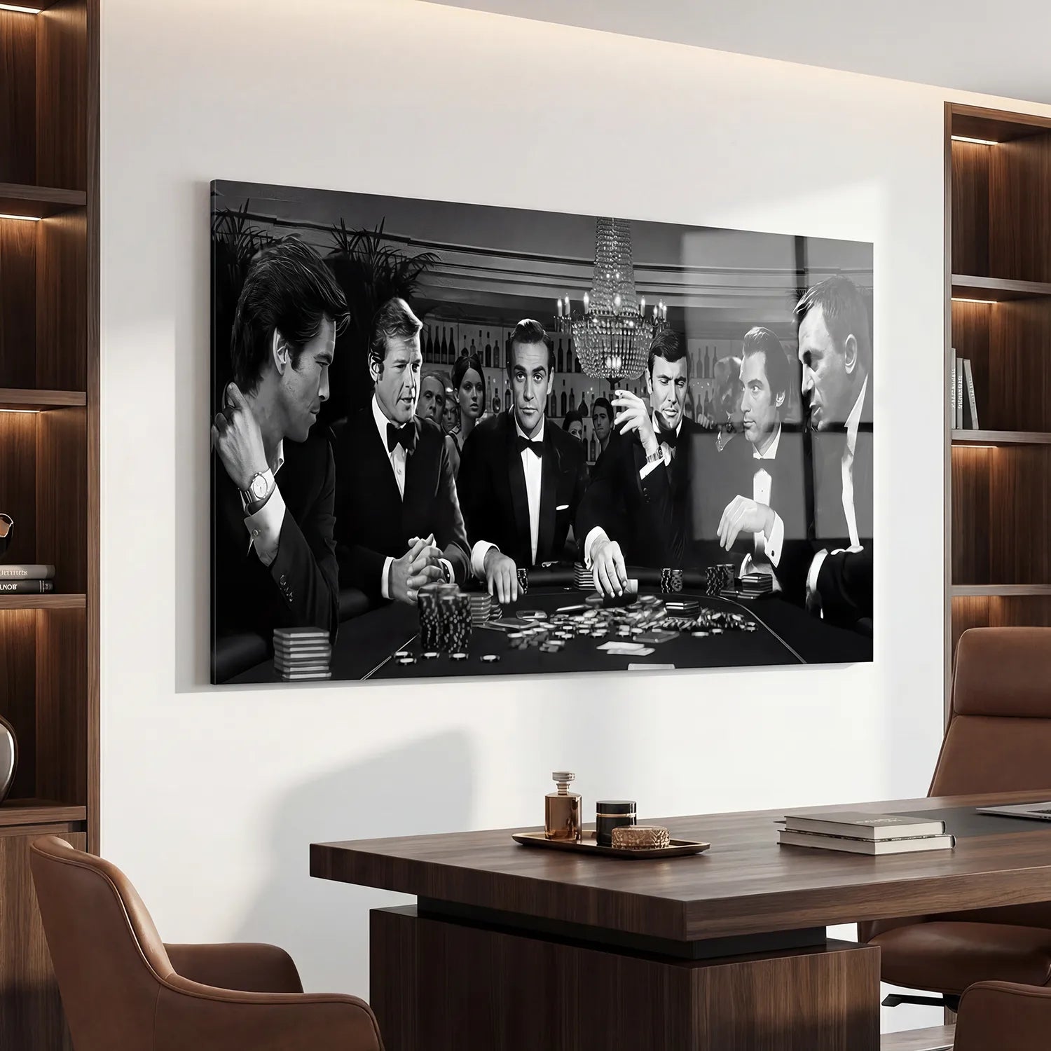 Tableau James Bond – La Partie, scène de poker noir et blanc pour décoration murale