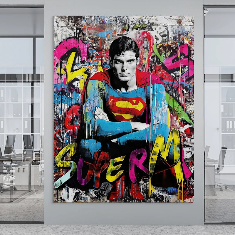 Toile Superman moderne, lettres sprayées et coulures