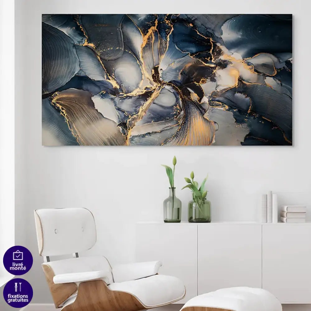 Tableau décoratif abstrait bleu pétrole avec veines dorées