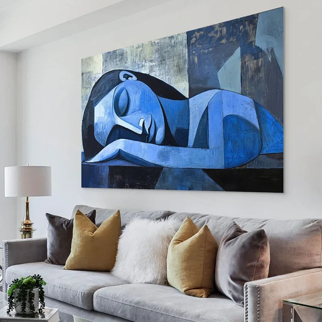 Tableau abstrait bleu cubiste – femme endormie, art moderne