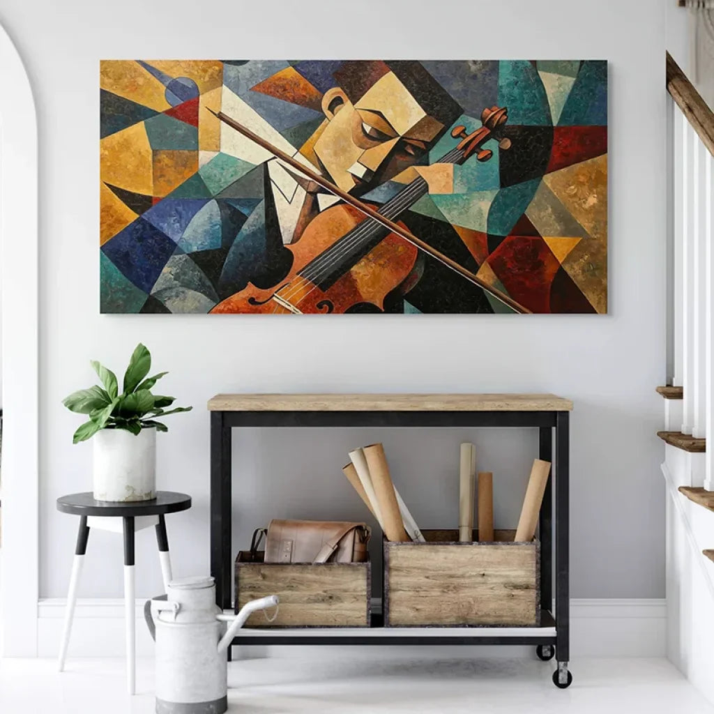 Tableau abstrait musicien – violon en couleurs cubistes