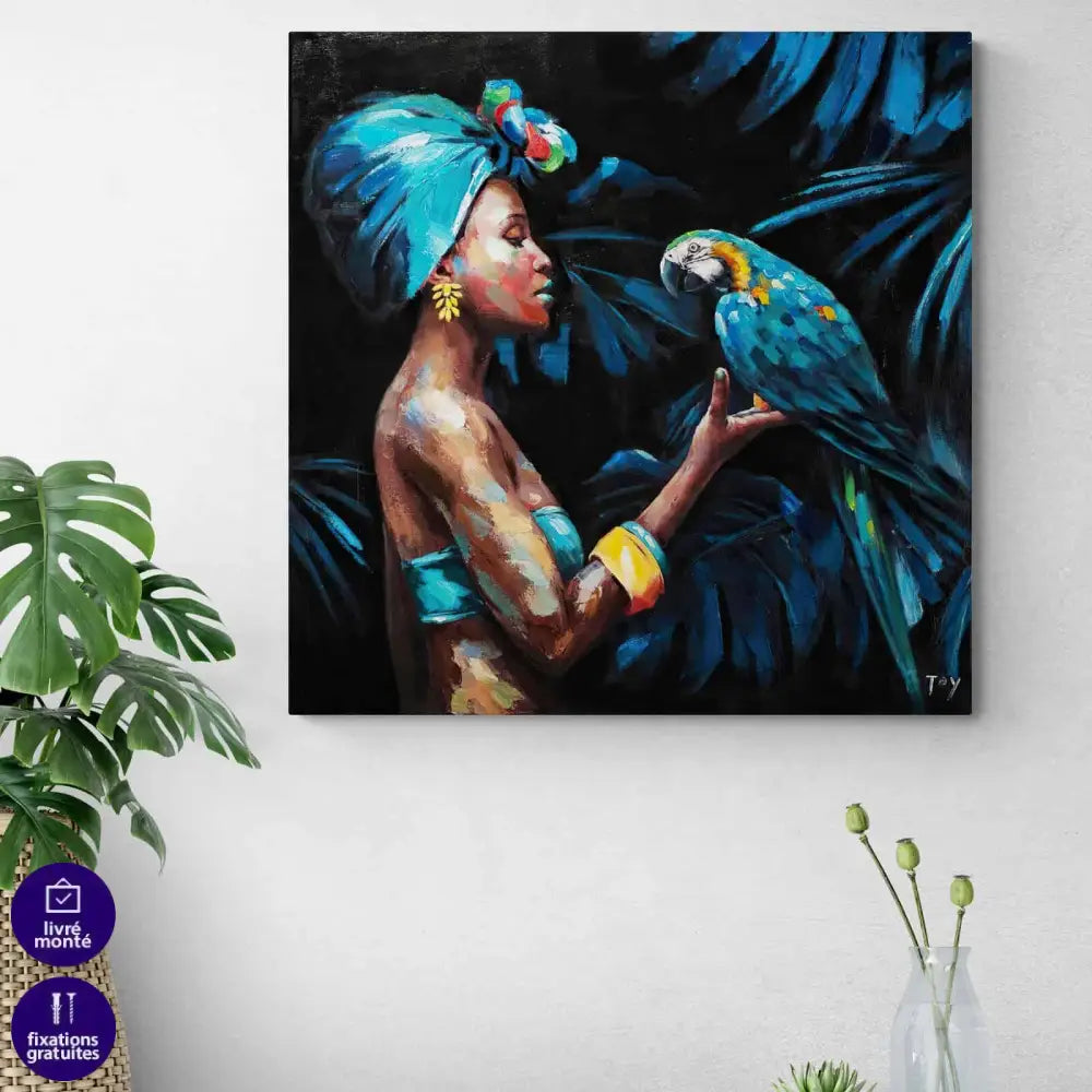 Tableau Afrique Femme Africaine et son Perroquet - Montableaudeco