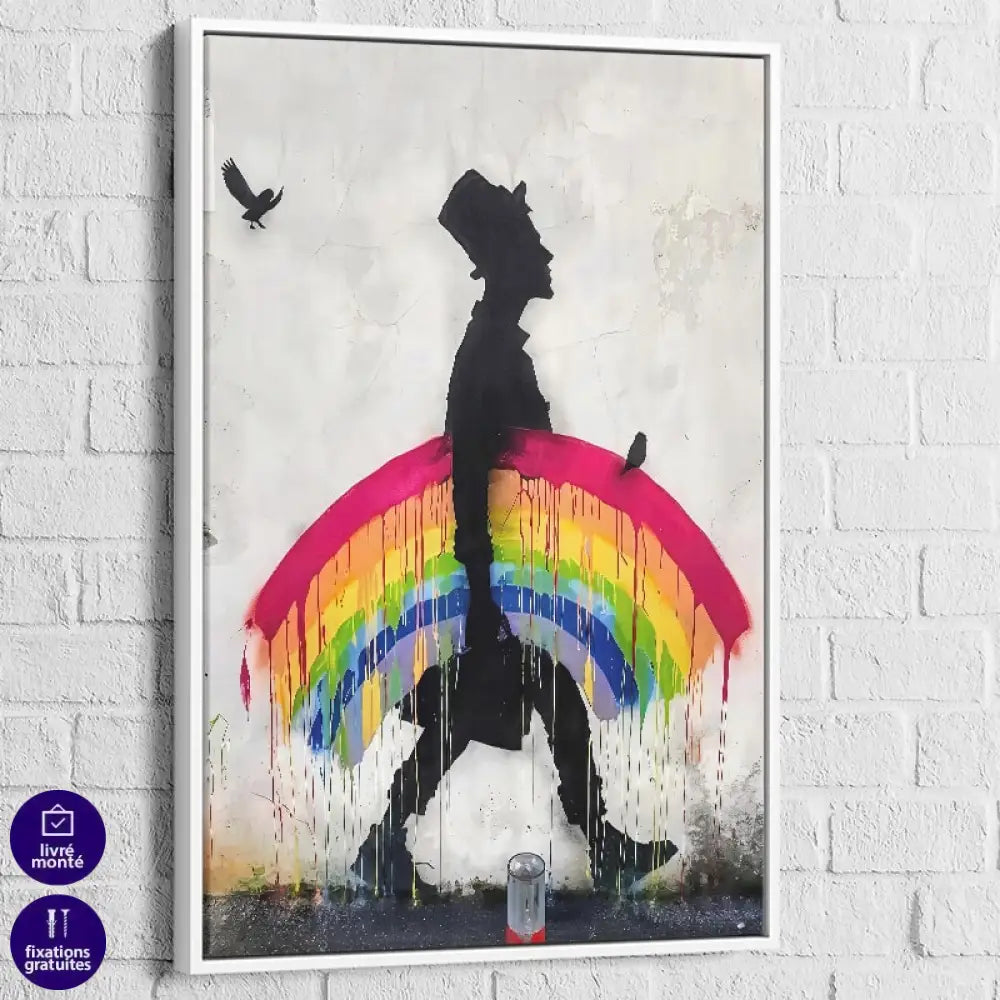 Tableau Banksy – Marcheur à l’Arc-en-Ciel, cadre blanc