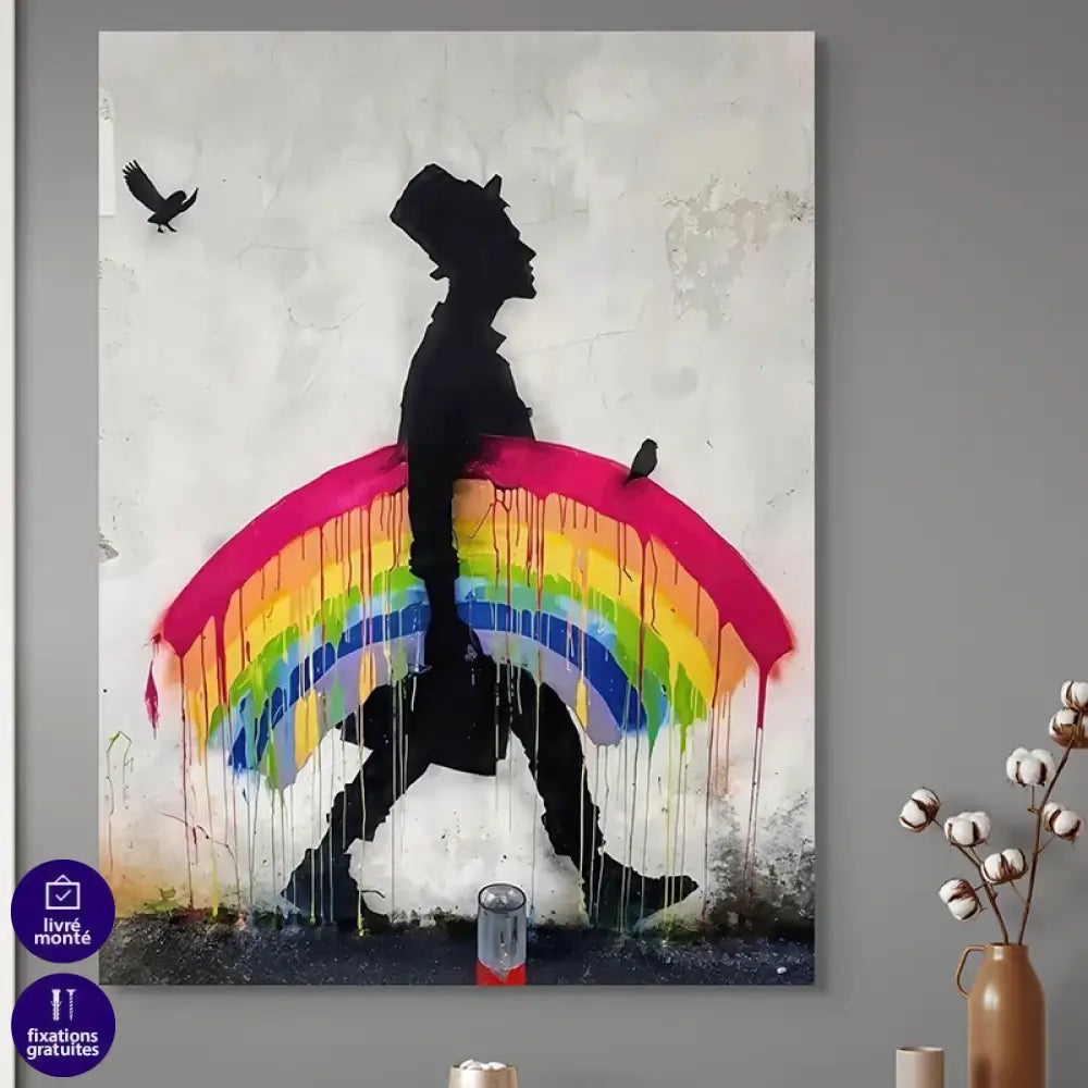 Tableau Banksy – Marcheur sous arc-en-ciel, mur texturé