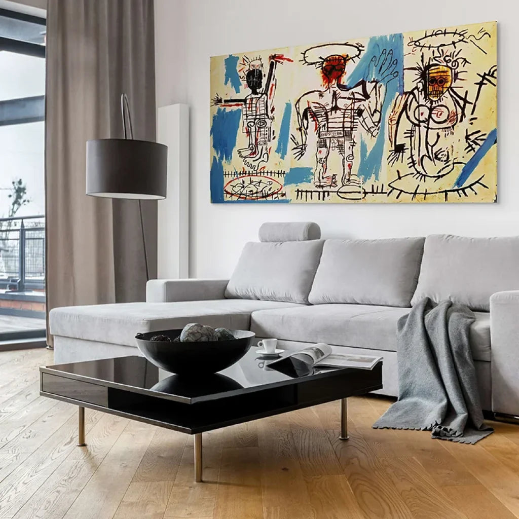 art mural basquiat silhouettes schématiques fond crème et bleu