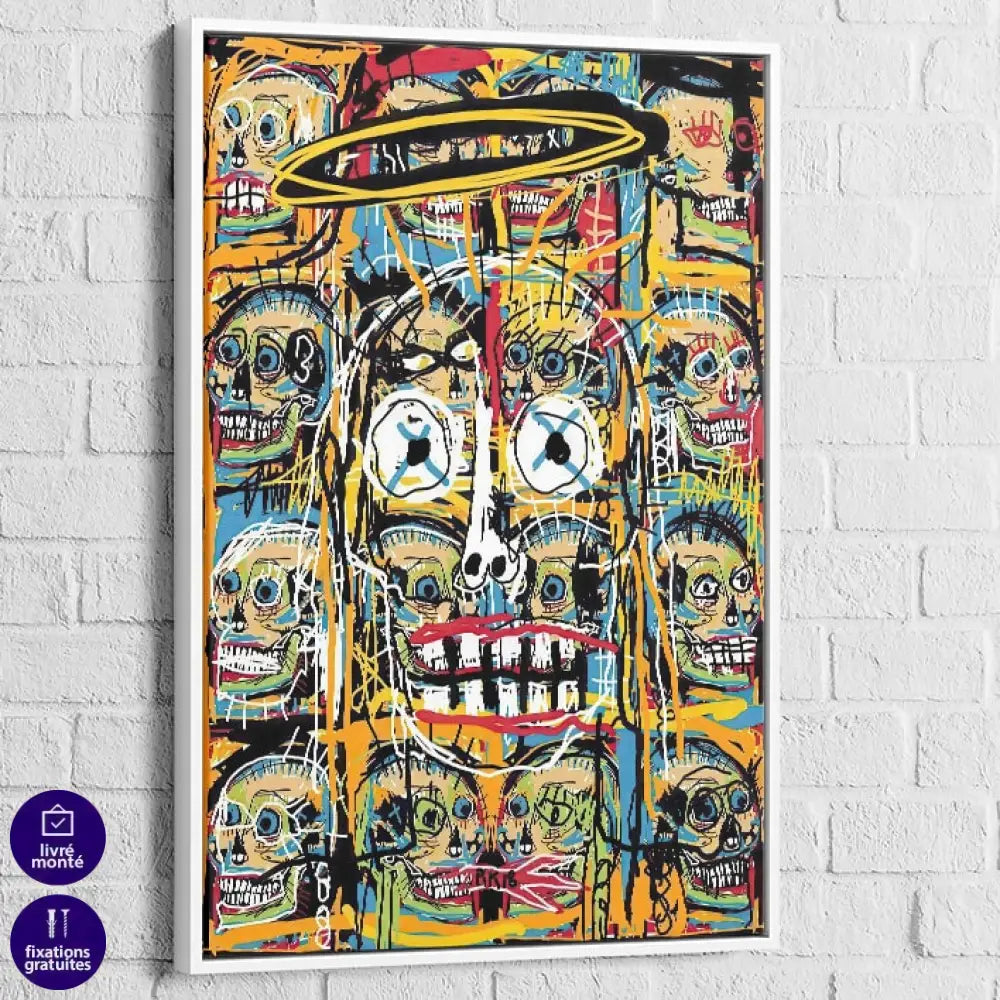 Tableau Basquiat Chaos des Crânes Célestes 40x60cm / Cadre Blanc Tableau Basquiat