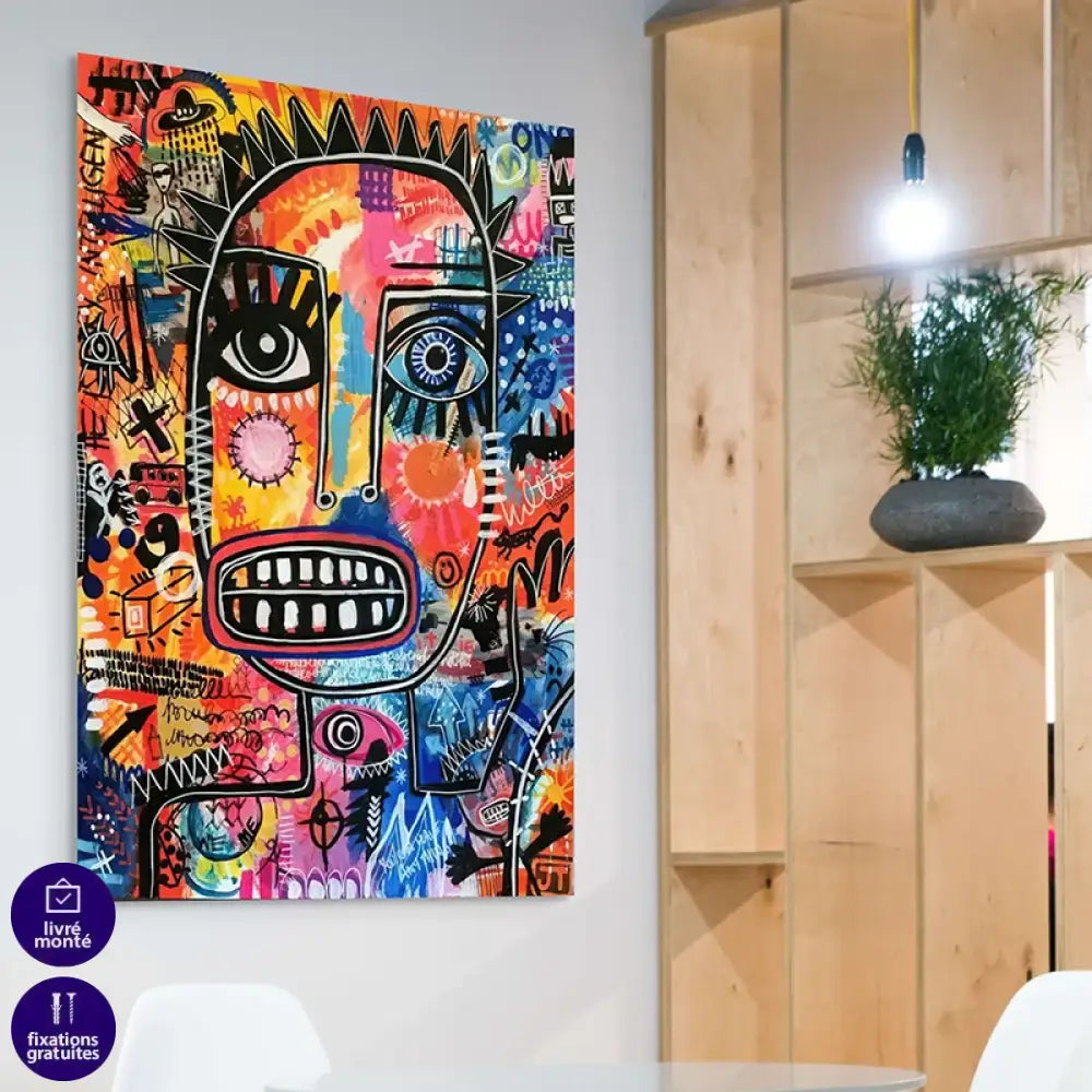 tableau graffiti basquiat lignes noires symboles croix chiffres