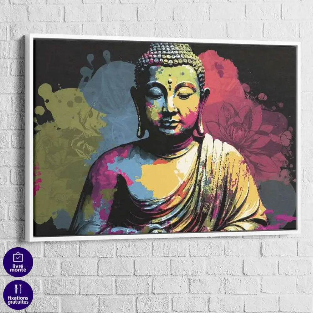 Tableau Bouddha Éveil en Couleurs 40x60cm / Cadre Blanc Tableau Bouddha