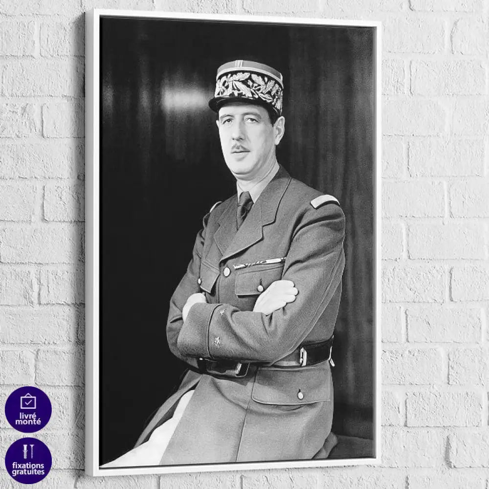 Tableau Charles de Gaulle 40x60cm / Cadre Blanc Tableau vintage