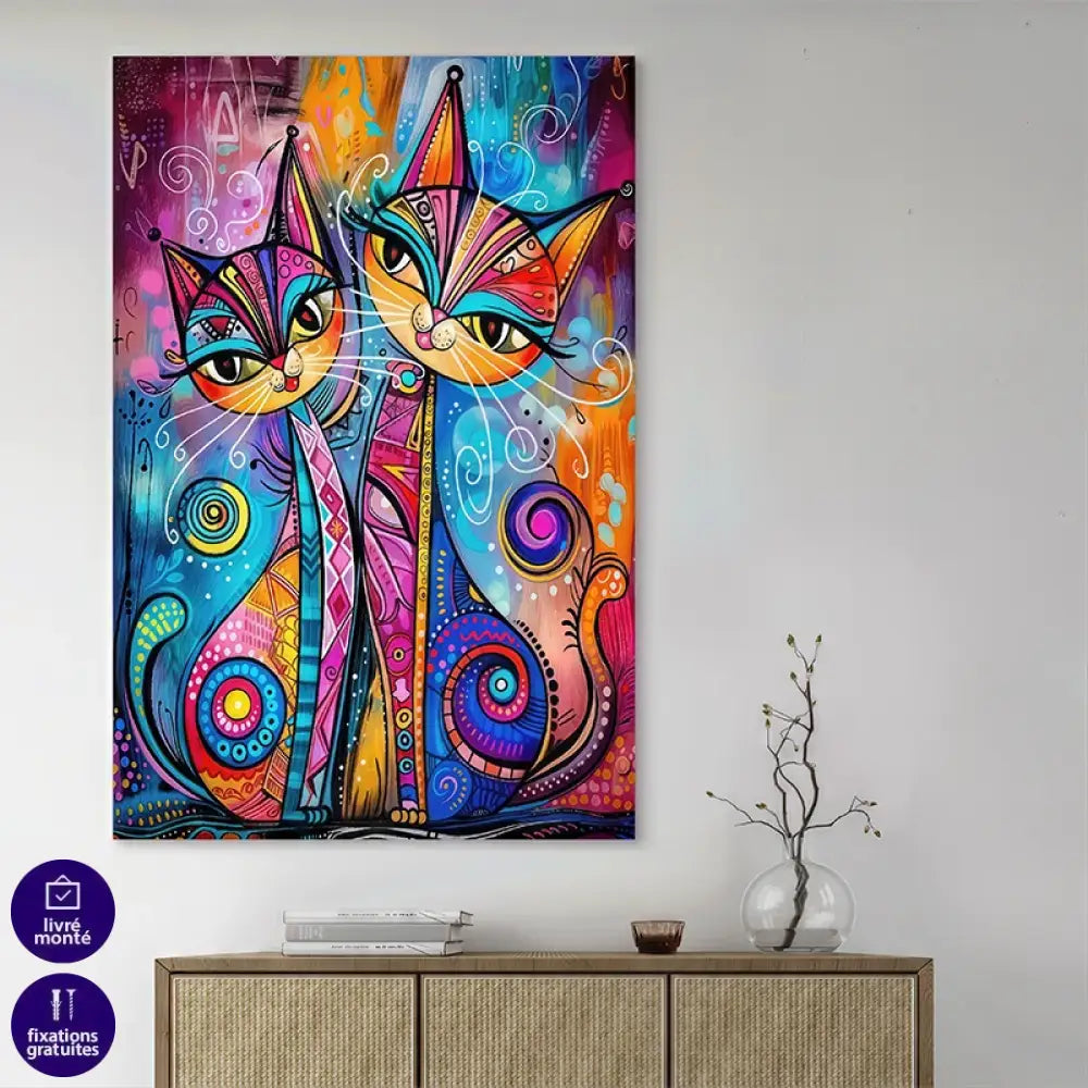 décoration murale avec deux chats artistiques multicolores