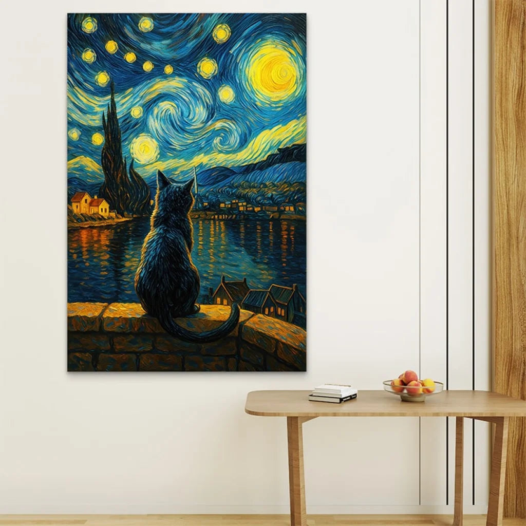 Décoration murale avec un tableau chat rêveur face à une nuit étoilée colorée