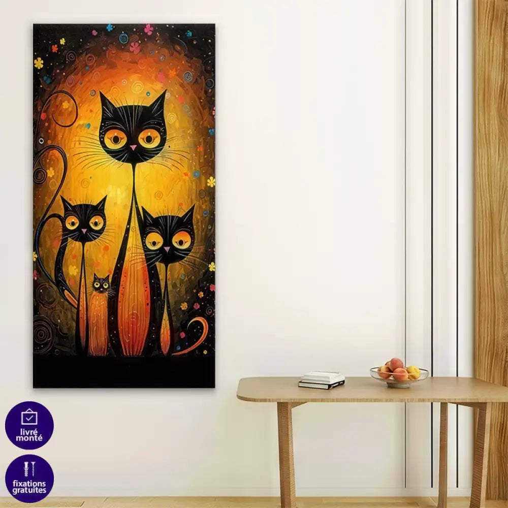 Tableau moderne de chats noirs, décoration murale féérique, ambiance nocturne et mystérieuse - Les Gardiens de la Nuit