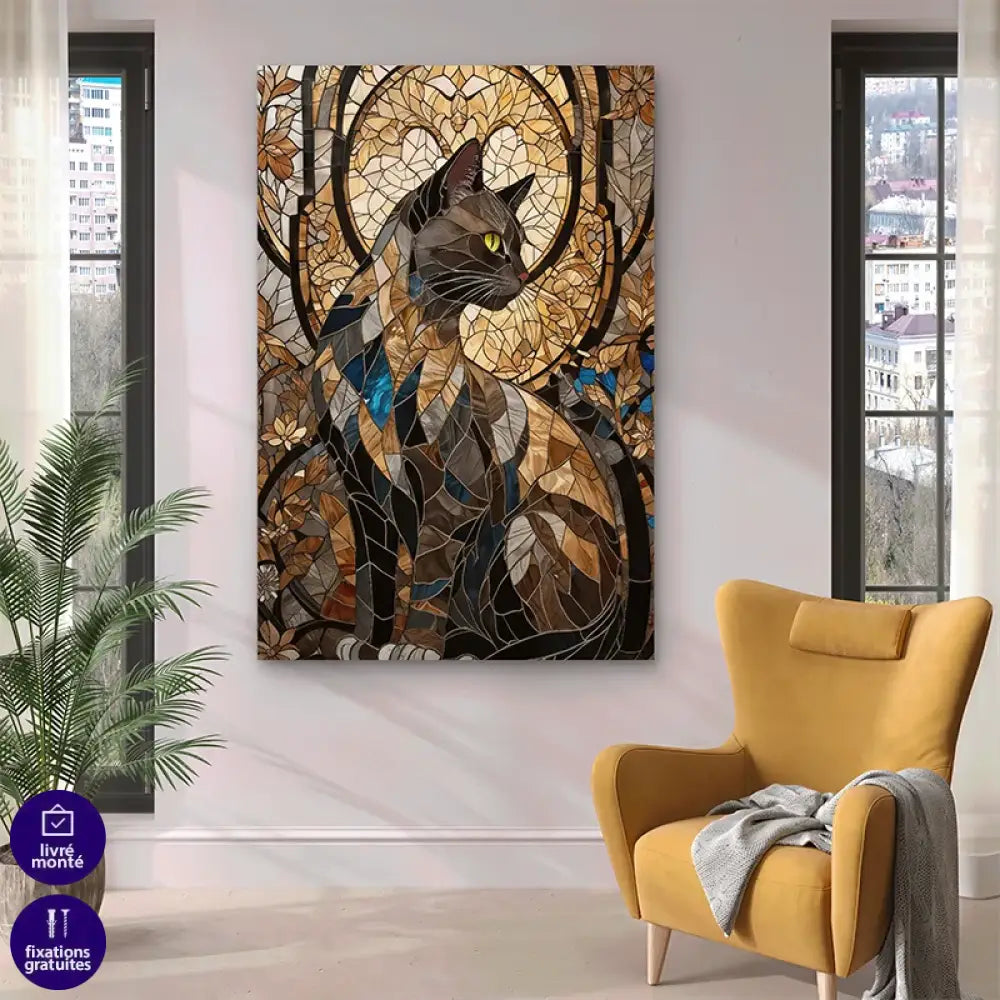 Chat noir et or en vitrail contemporain artistique