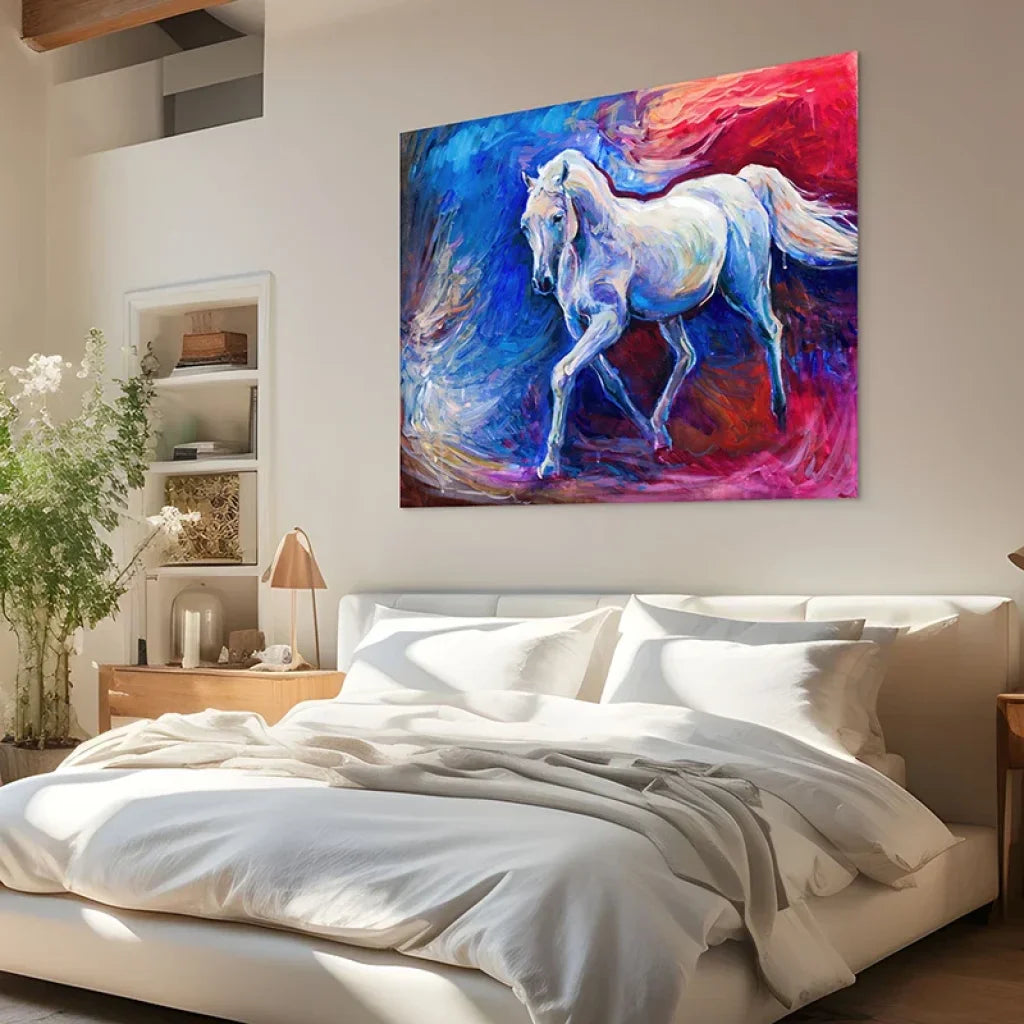 art mural cheval blanc peinture colorée