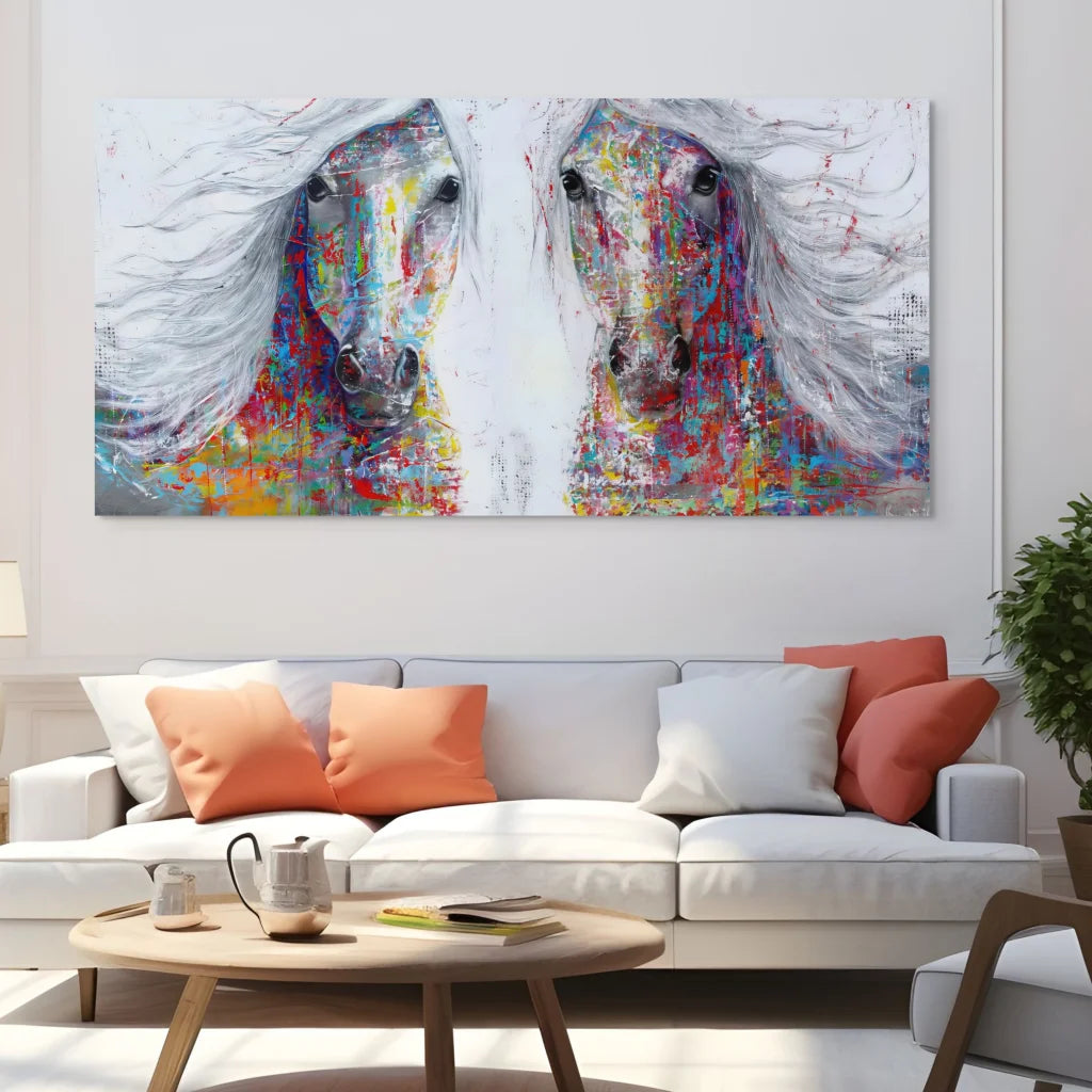 Tableau Chevaux Colorés – Double Portrait Moderne Tableau Animaux