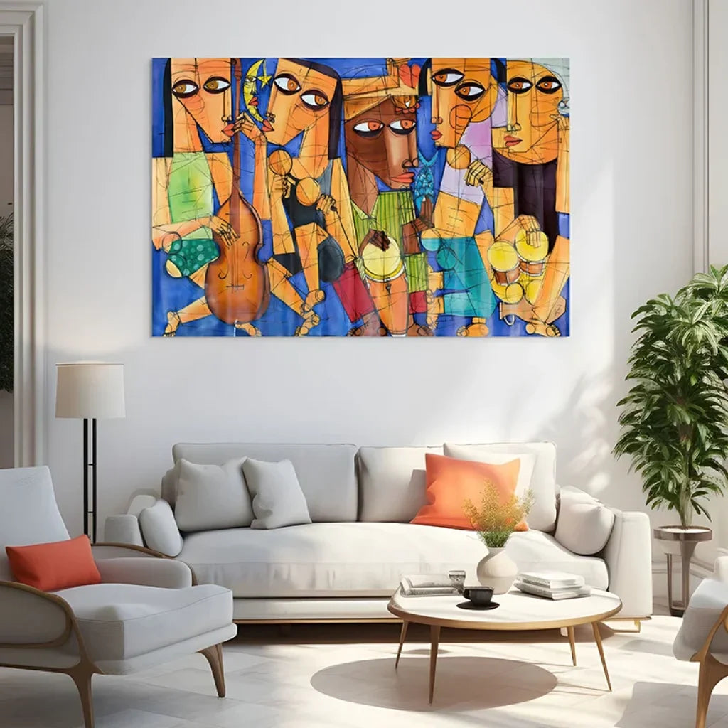 Affiche sans cadre Les Rythmes du Soleil – palette solaire, personnages géométriques