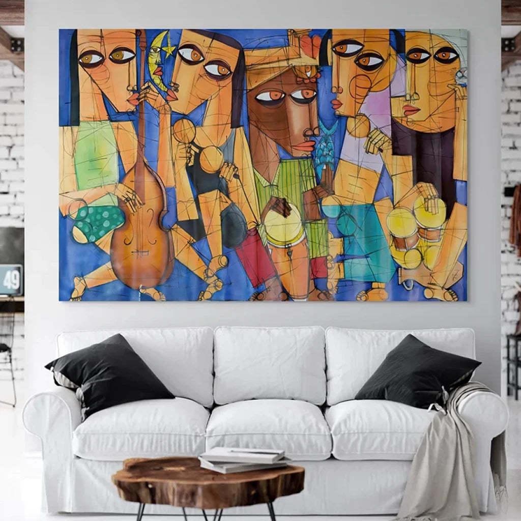 Tableau contemporain Les Rythmes du Soleil – scène musicale cubiste bleu et orange pour déco salon moderne