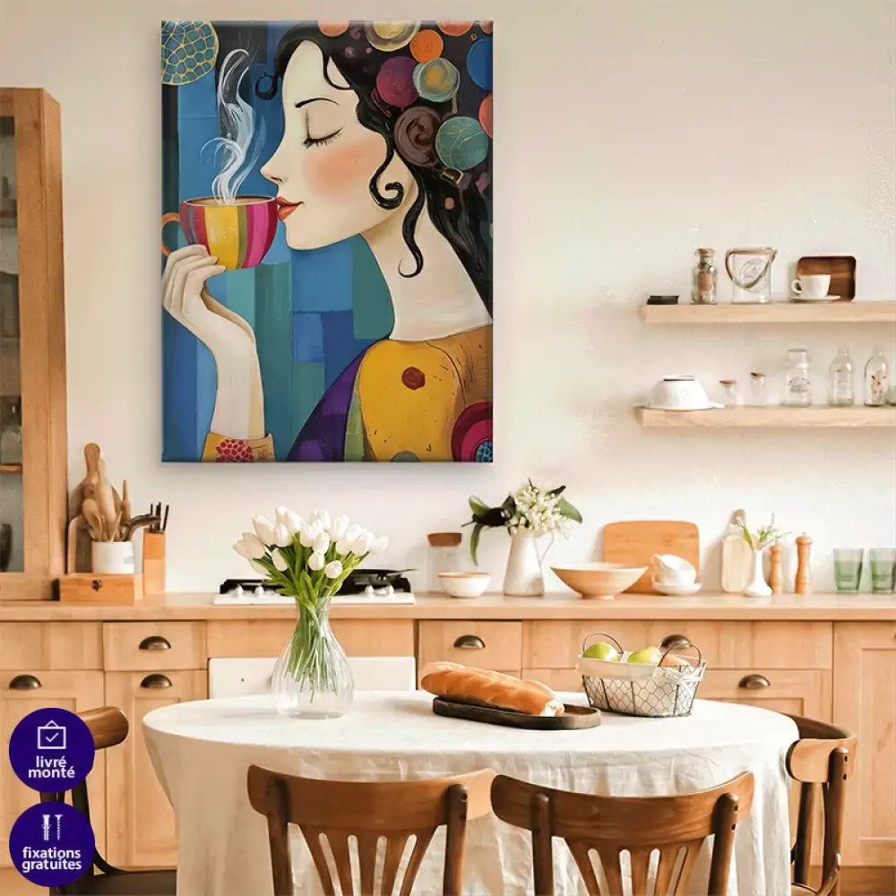 Tableau déco cuisine représentant une femme avec une tasse de café fumant