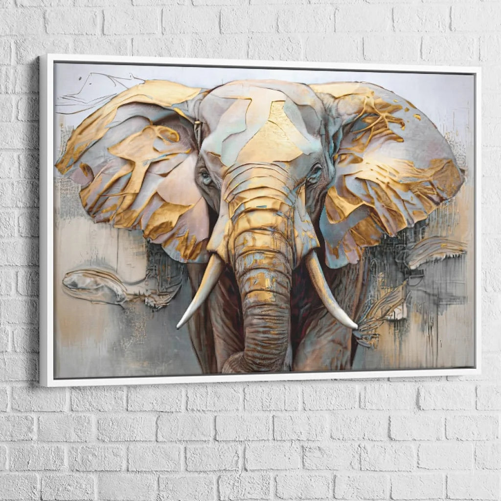 Tableau Éléphant Doré 40x60cm / Cadre Blanc Tableau Éléphant
