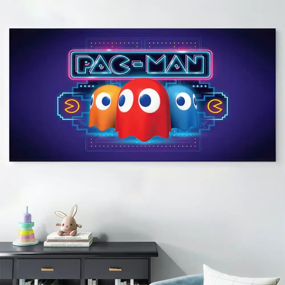 Tableau gaming Pac-Man rétro avec fantômes colorés et logo neon