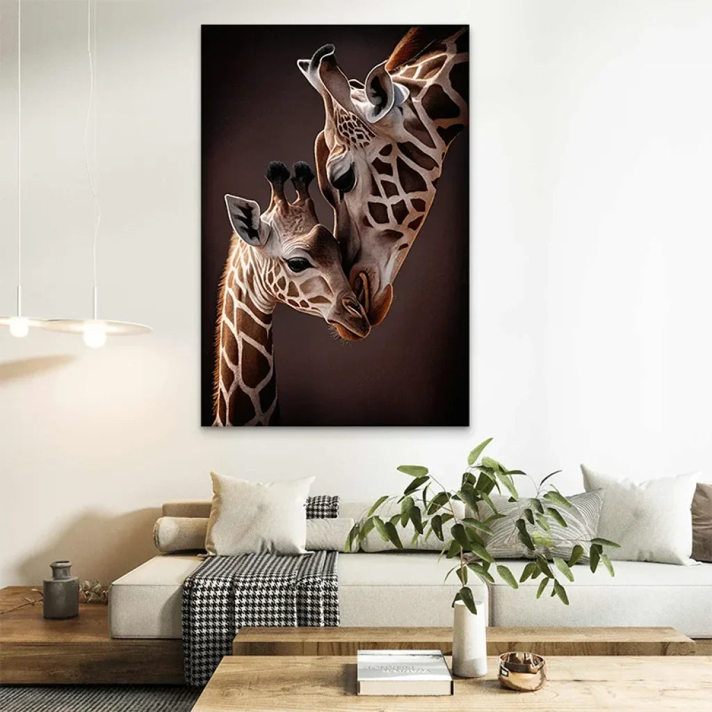 Affiche girafe amour maternel - œuvre d'art murale pour intérieur chaleureux