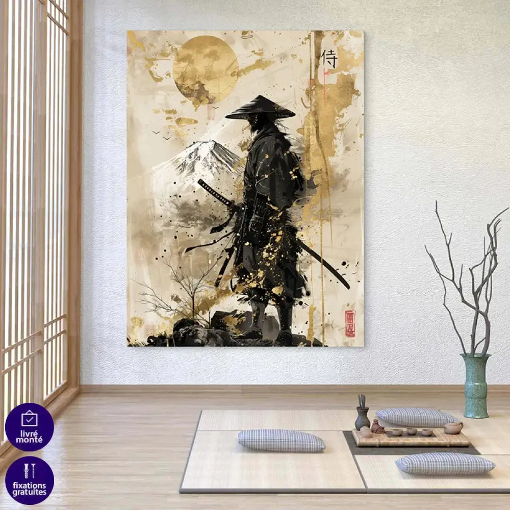 Tableau zen japonais – silhouette d’un samouraï sous un soleil doré