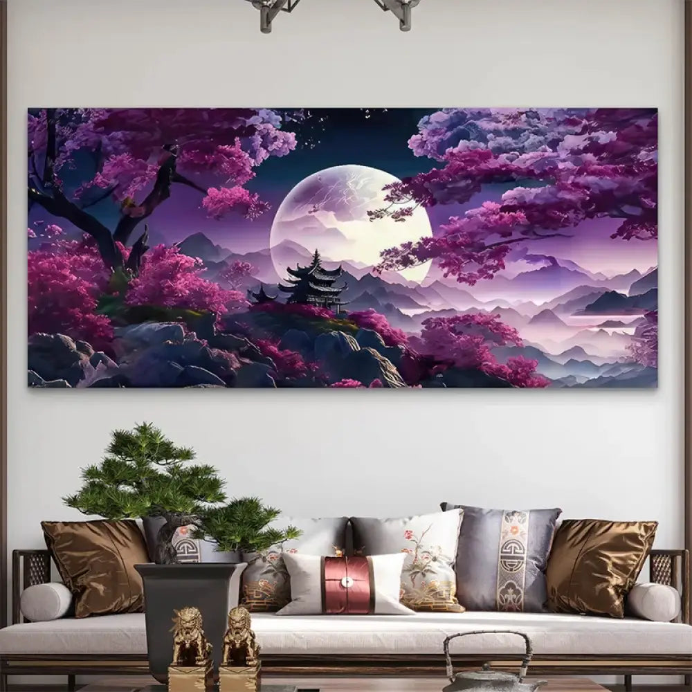 Tableau japonais Rêve Sakura avec paysage féerique et lune pleine