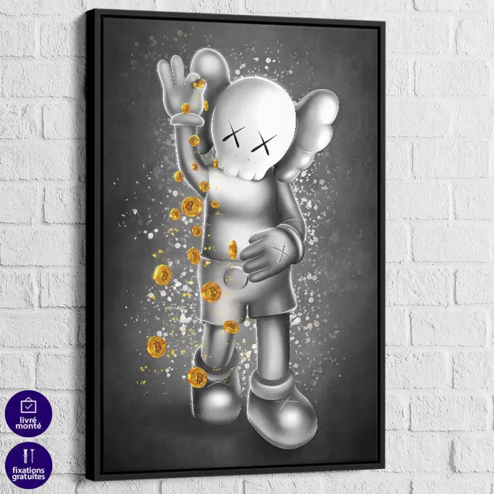 Tableau Kaws – Bitcoin Shower avec cadre noir, contraste chic