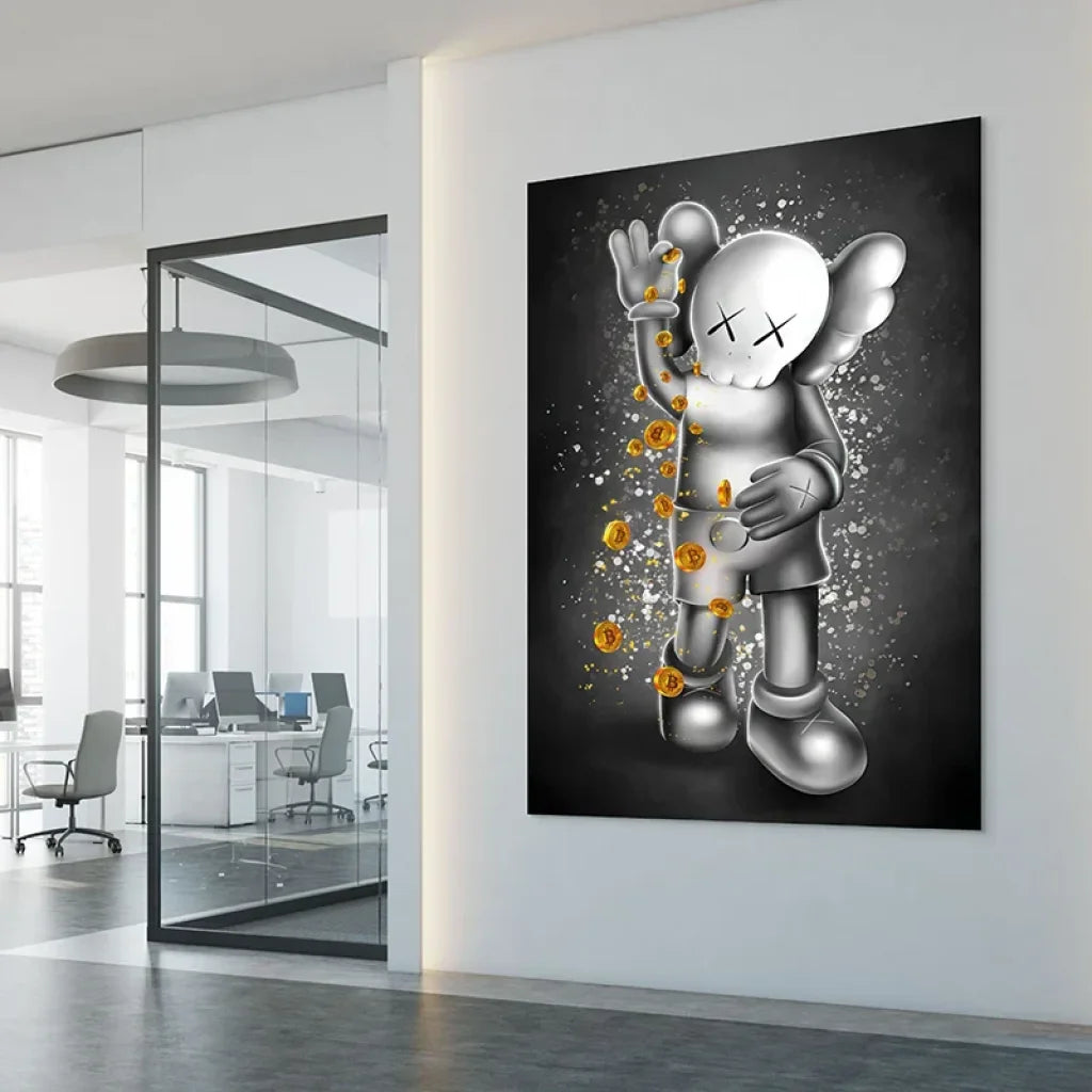 Tableau Kaws – Bitcoin Shower, personnage argenté et pluie de pièces