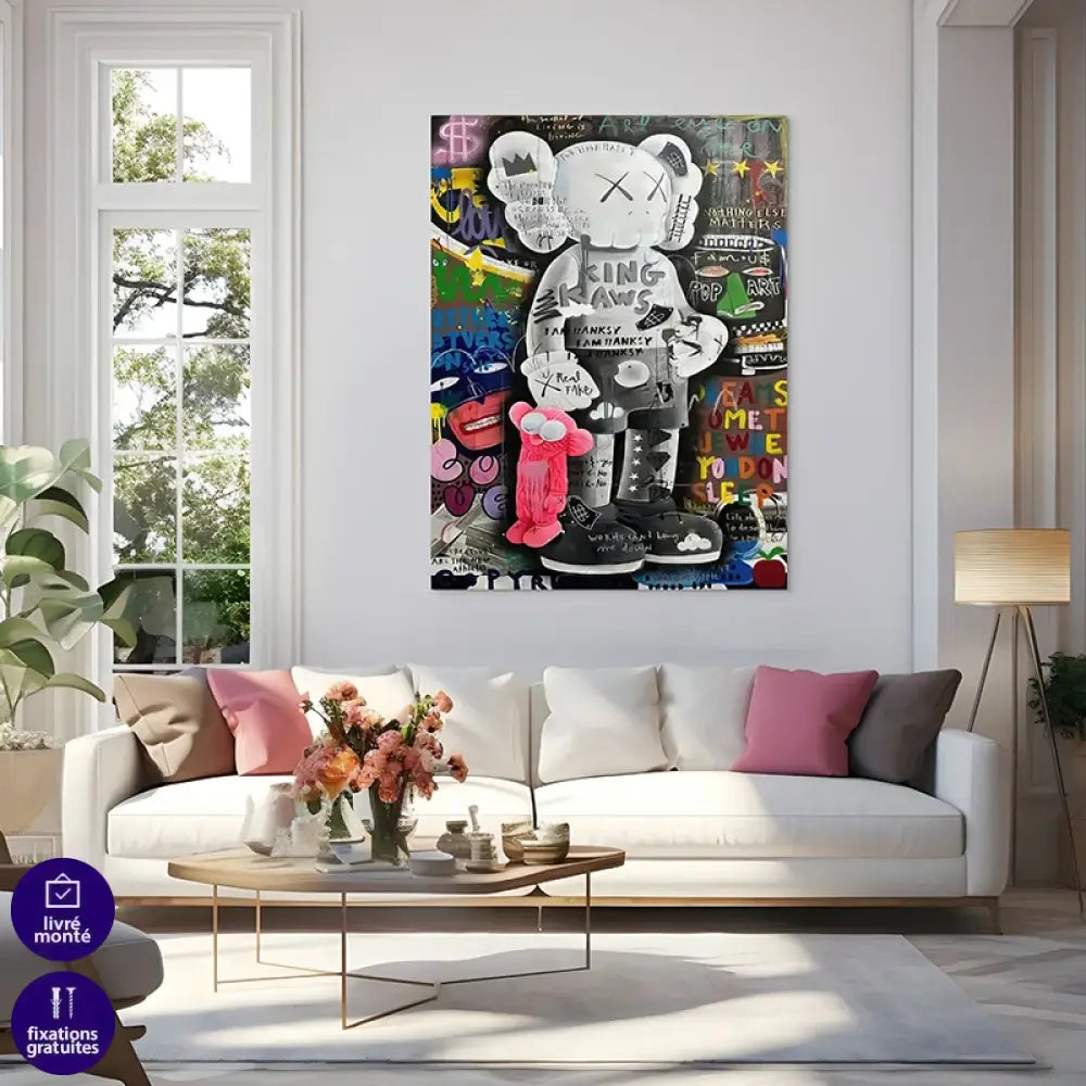 personnage stylisé noir et blanc sur mur street art multicolore