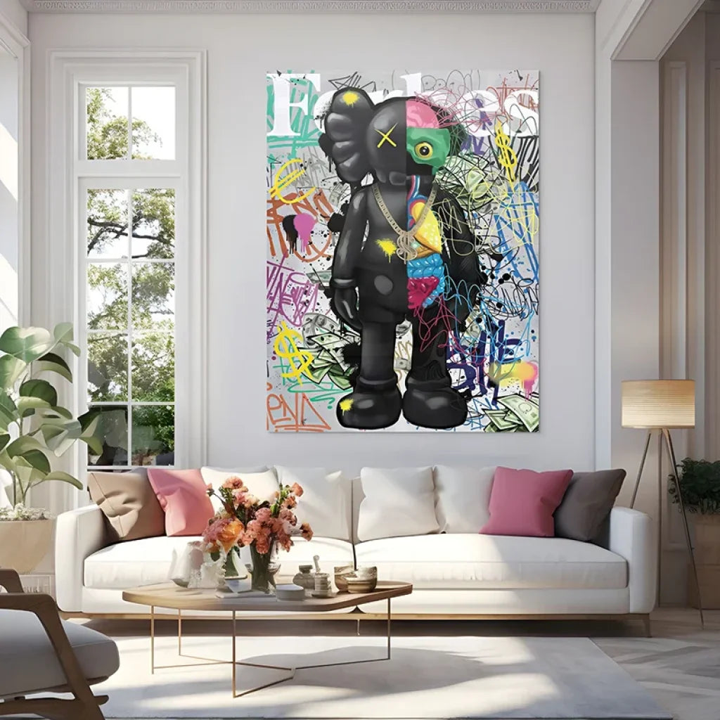 Tableau Kaws grand format, chaîne dorée et billets stylisés