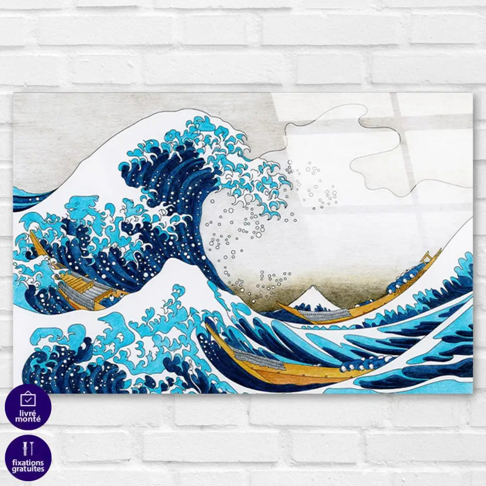 art mural japonais vague et barques mont fuji