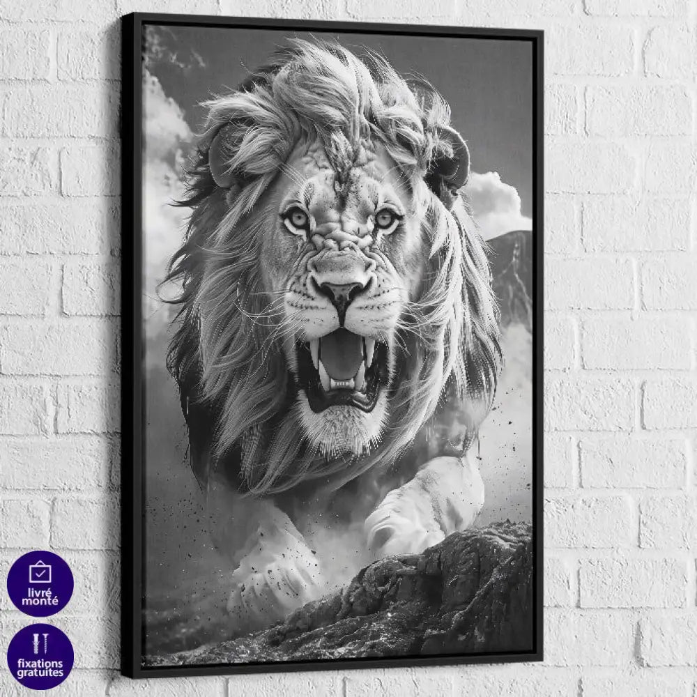 tableau lion face au roi avec cadre noir