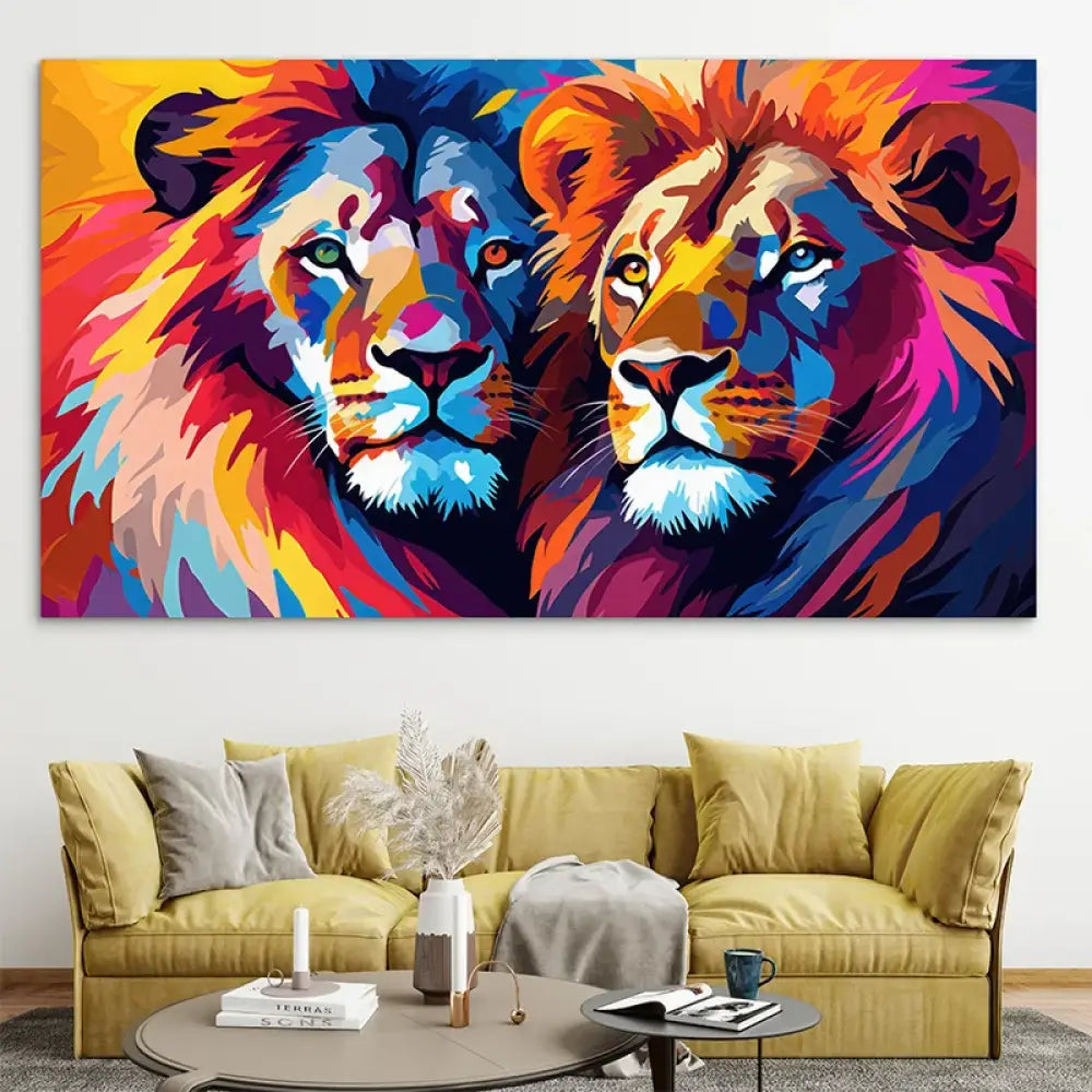 Tableau lion coloré en style pop art - Frères de Flamme