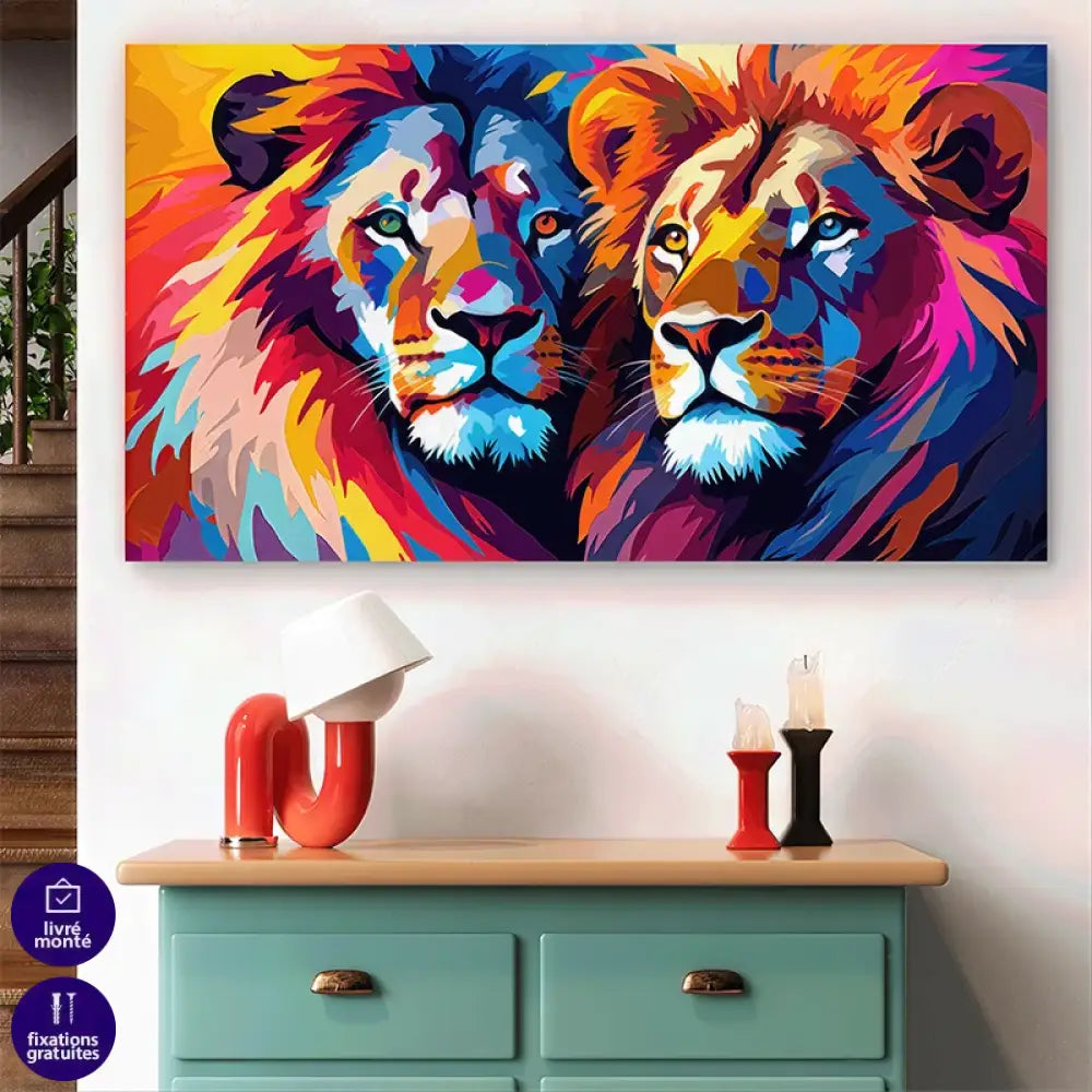 Toile murale duo de lions en regard opposé