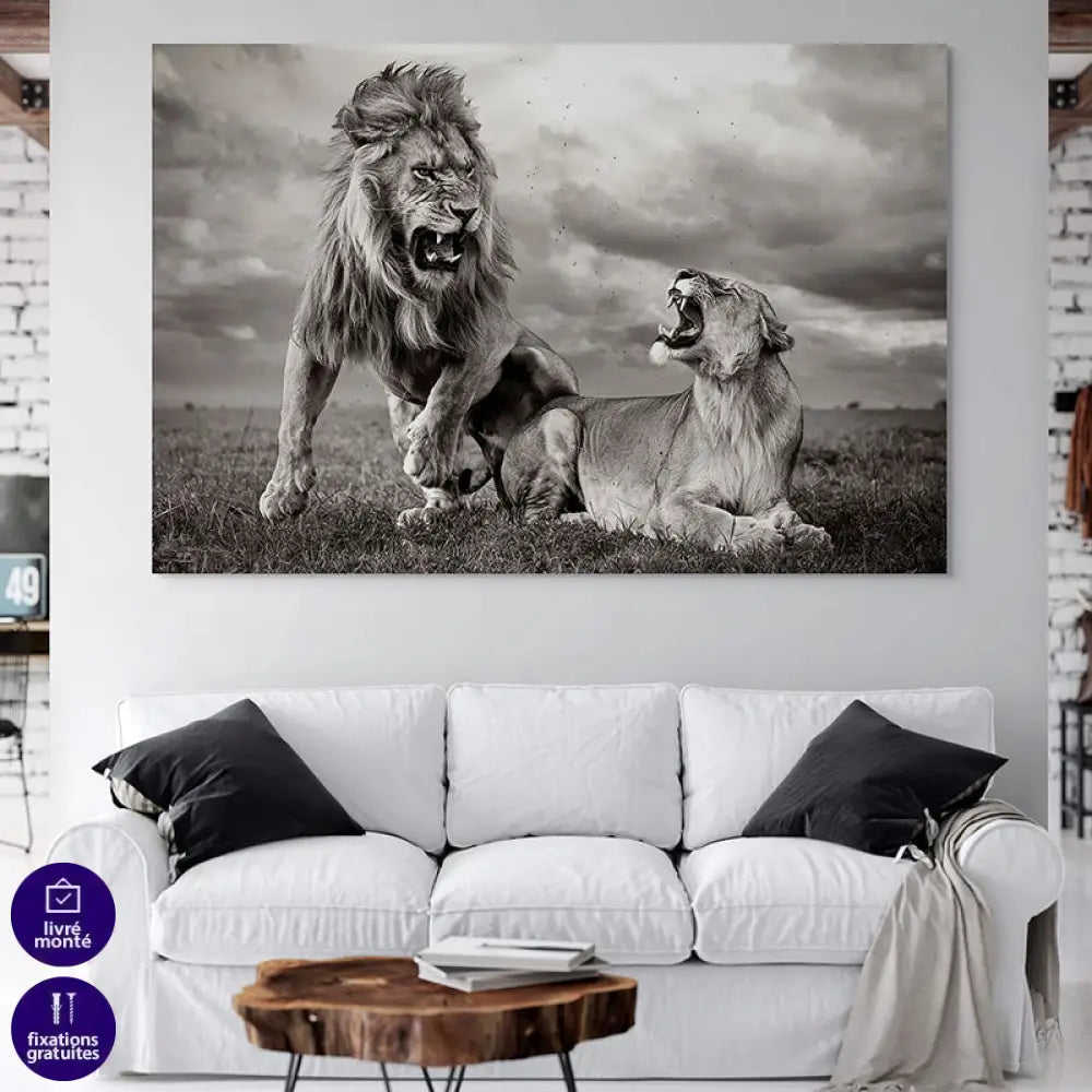 Tableau Lion La Confrontation pour déco de salon sauvage