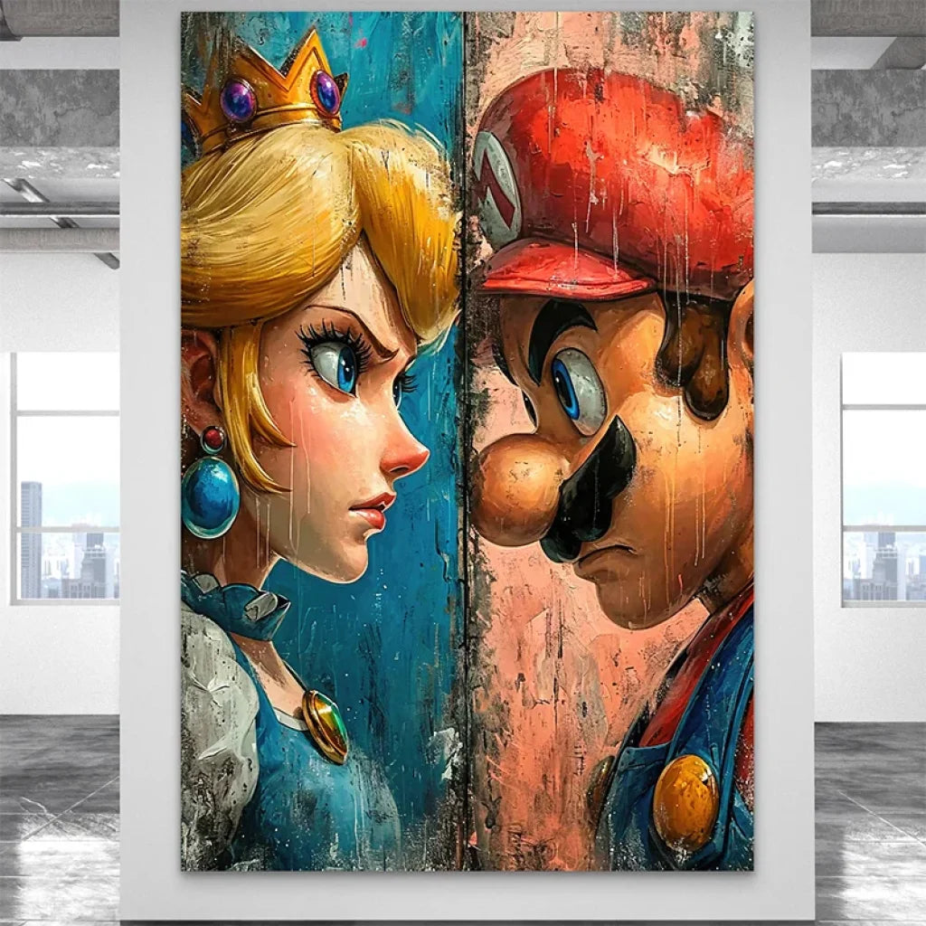 Mario et Peach en duel sur tableau vertical design