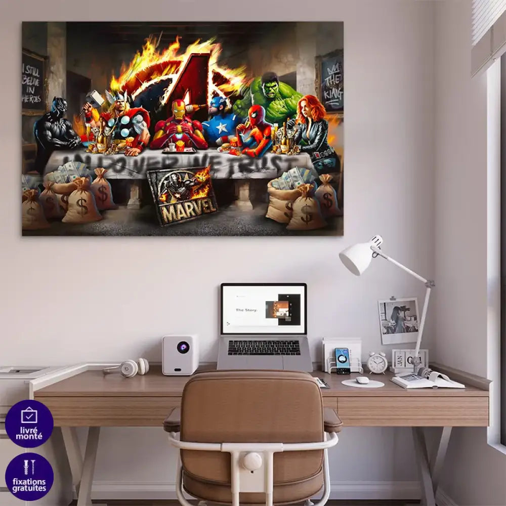 Toile décorative Avengers style La Cène avec burgers et billets
