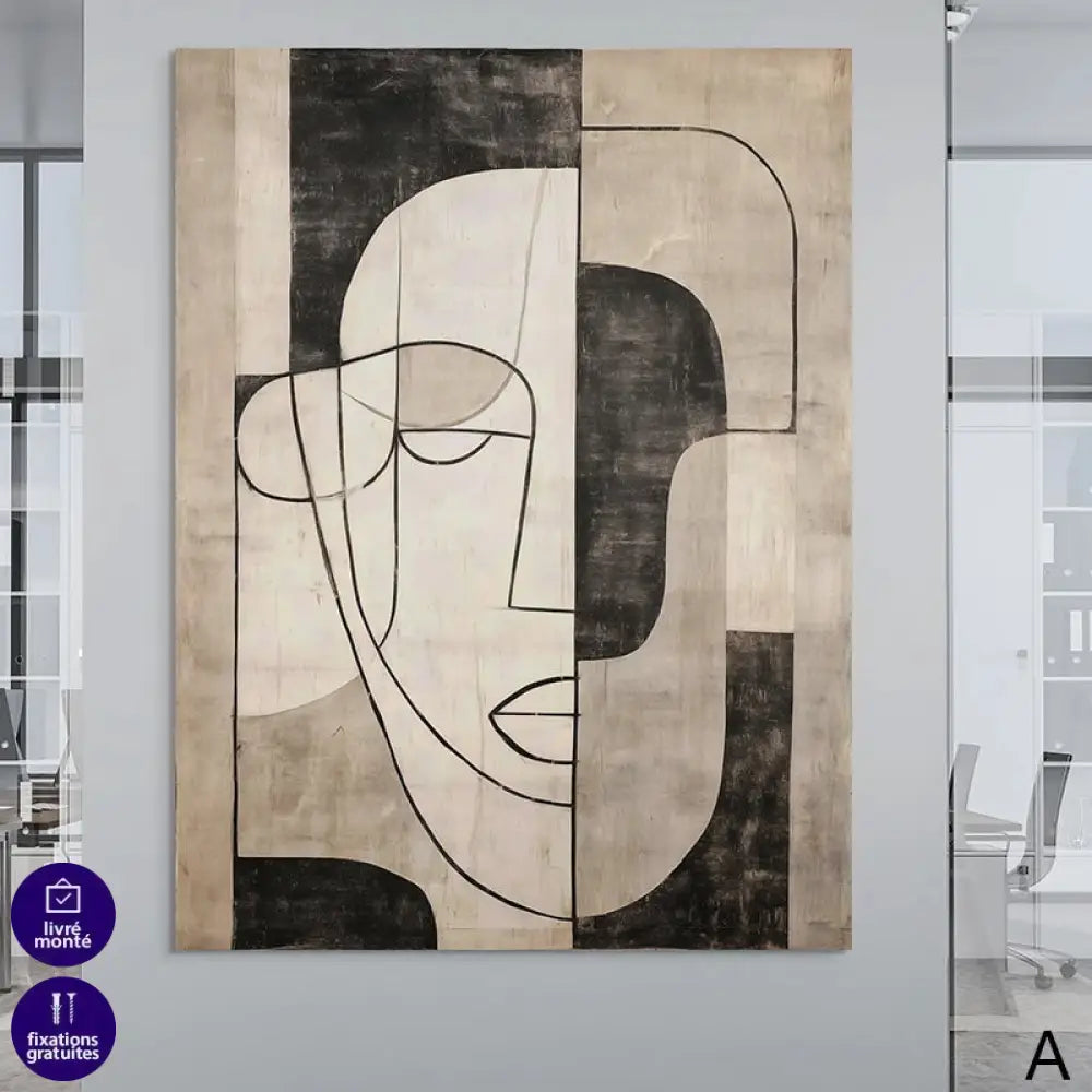 Tableau mural moderne – visage géométrique line art noir beige A