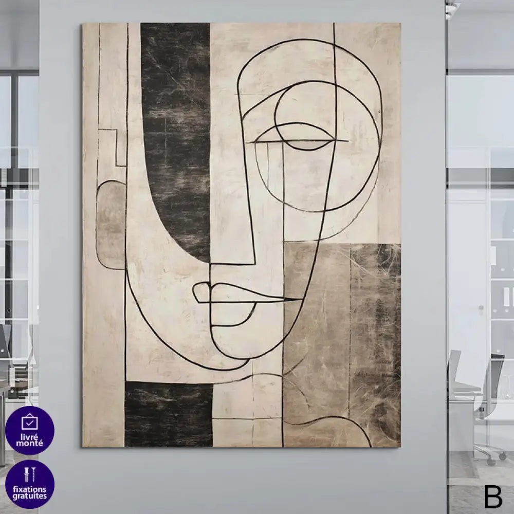 Tableau mural moderne – visage géométrique line art noir beige