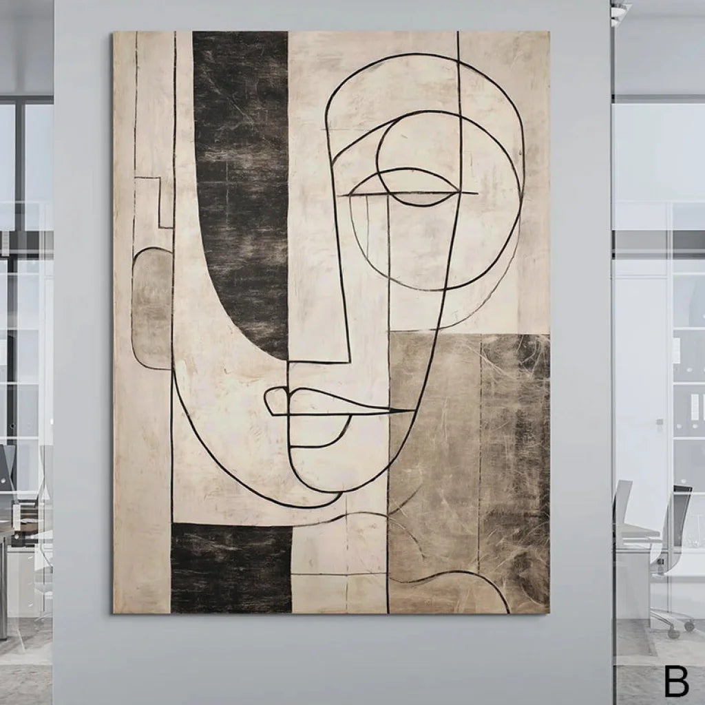Tableau mural moderne – visage géométrique line art noir beige
