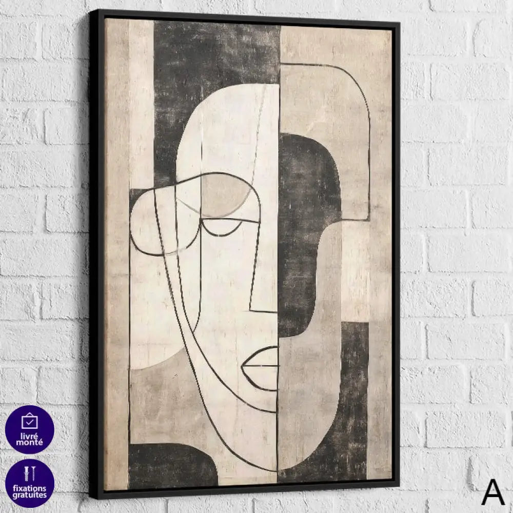 Tableau Minimaliste – Visage Line Art Noir & Beige 40x60cm / Cadre Noir / A Tableau Minimaliste
