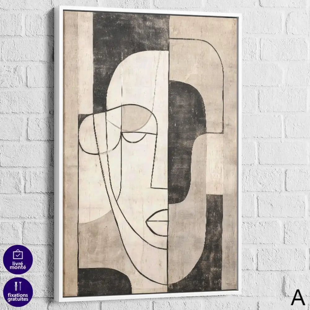 Tableau Minimaliste – Visage Line Art Noir & Beige 40x60cm / Cadre Blanc / A Tableau Minimaliste