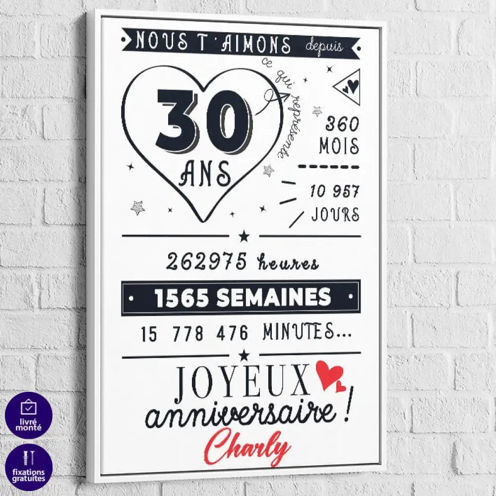Tableau Personnalisé Anniversaire 40x60cm / Cadre blanc Toile Imprimée