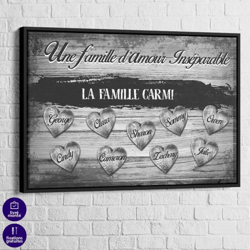 Tableau Personnalisé Famille D'Amour Noir et blanc Cadre noir