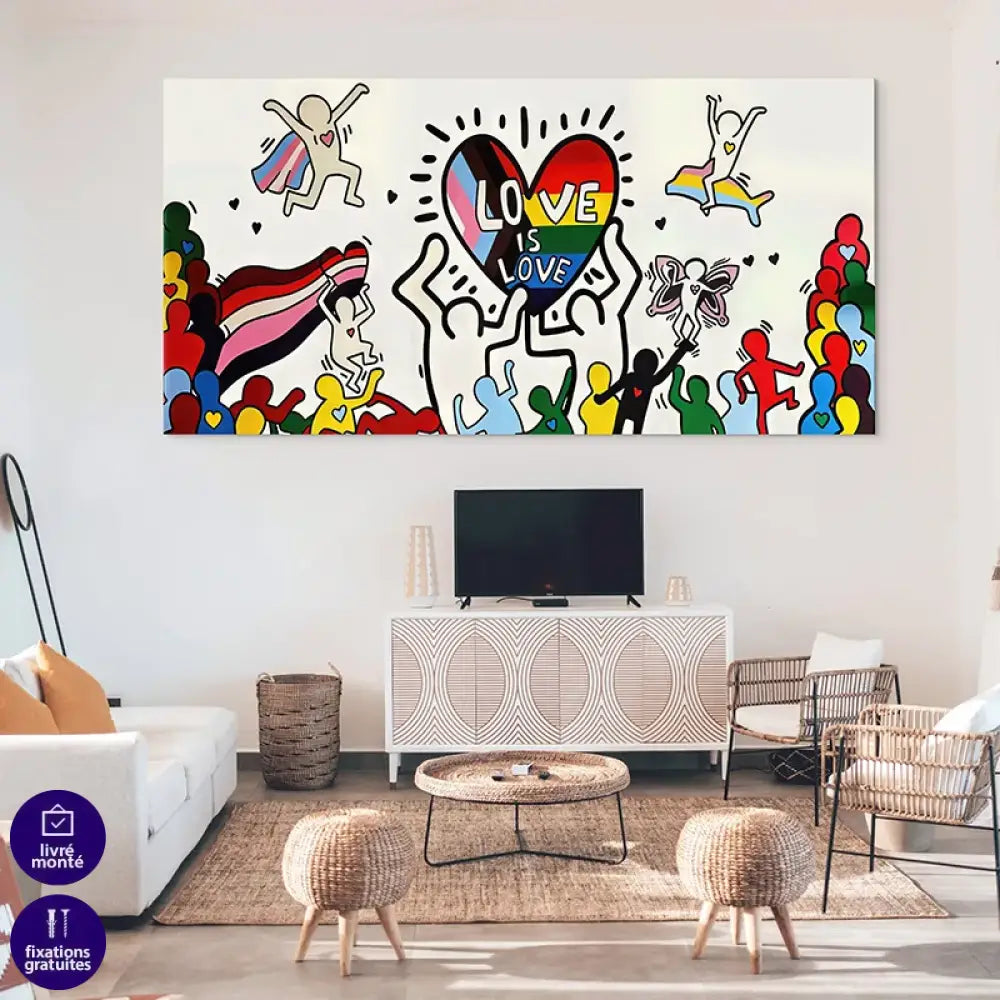 Tableau pop art Love Is Love cœur arc-en-ciel couleurs vives