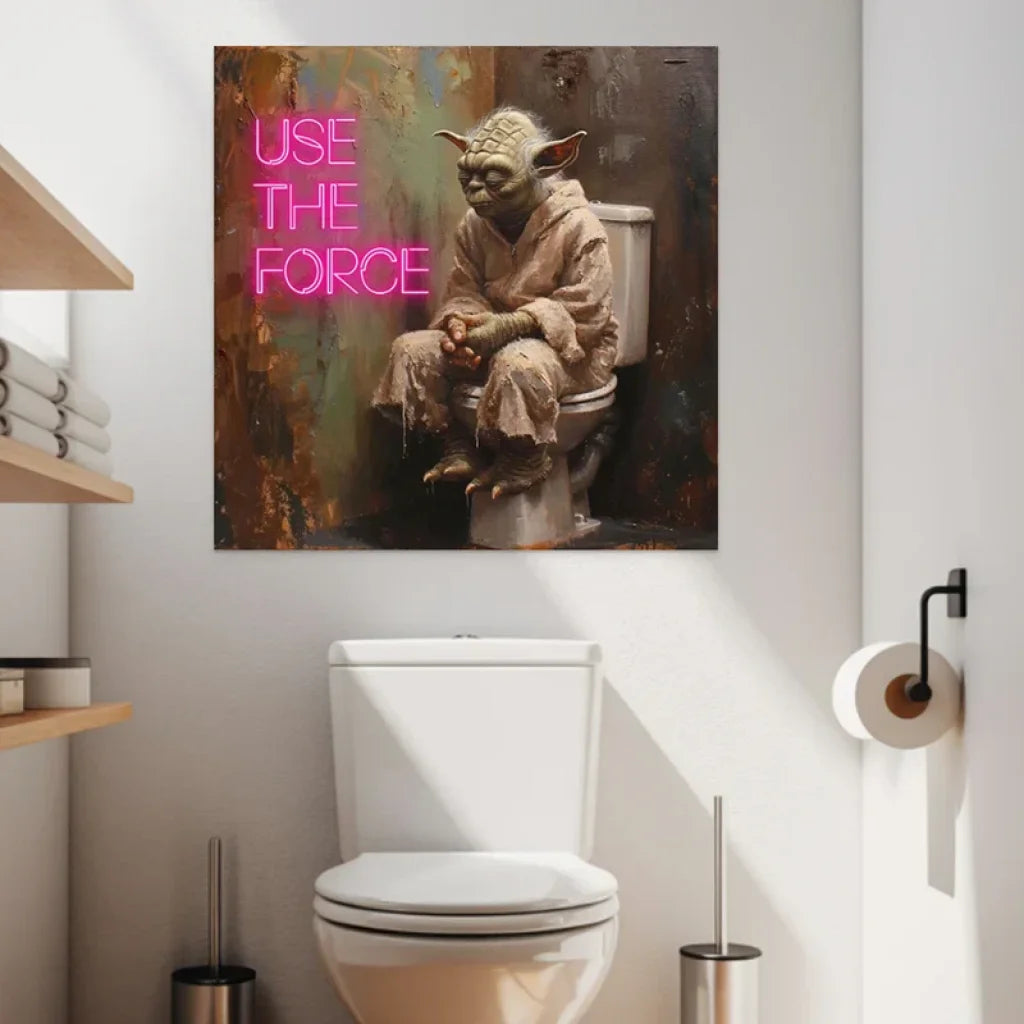 Tableau geek Yoda sur toilettes avec citation Use The Force