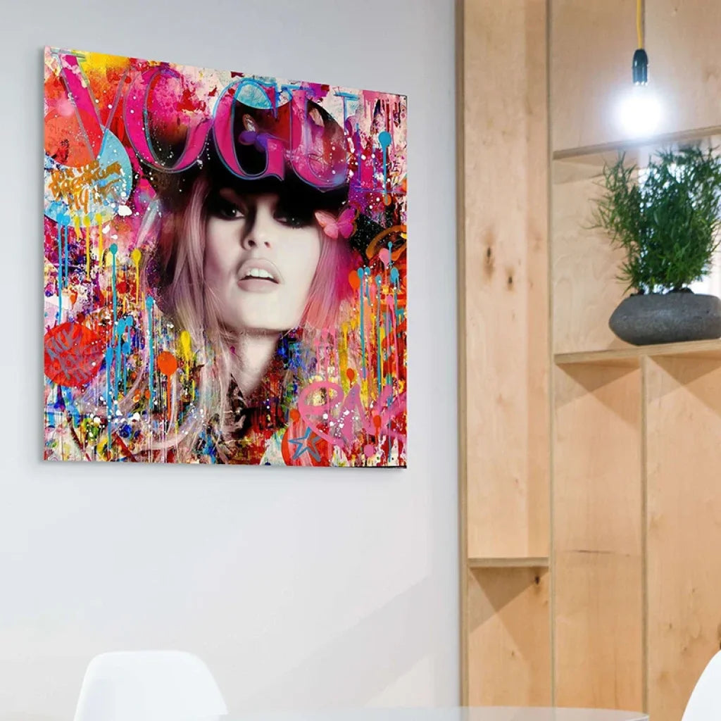 Tableau street art Bardot coloré – portrait glamour pop art, éclaboussures vives